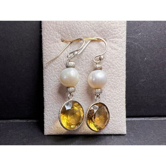 Citrine and pearl sterling silver dangle earrings - Picture 1 of 16